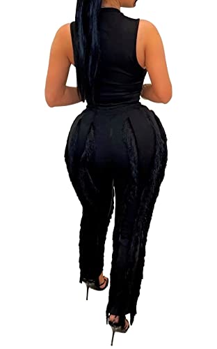 EDITCOZY Women Sleeveless 2 Piece Outfits Cropped Tank Tops High Waisted Long Fringe Pants Bodycon Club Jumpsuits Black XL