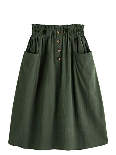 SweatyRocks Women's Casual Paper Bag Waist A Line Pleated Midi Skirt with Pockets Army Green L