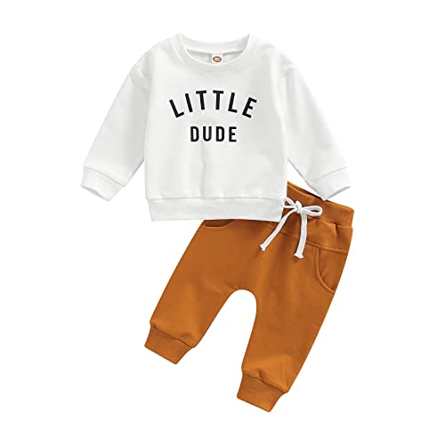 Toddler Baby Boy Fall Winter Outfits Letter Crewneck Sweatshirt Casual Pants 2Pcs Clothes Set White-Brown 0-6 Months