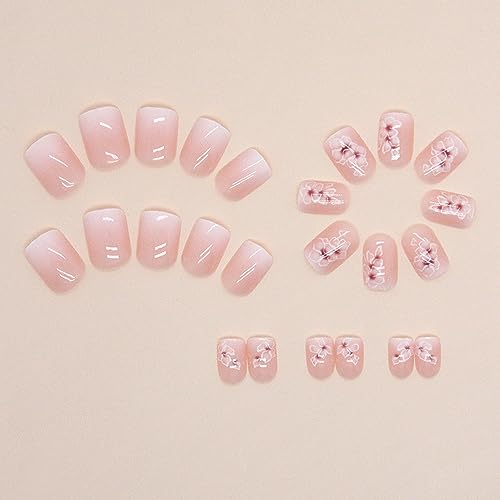 Short Press on Nails Square Fake Nails with Flower Designs French Gradient False Nails Cute Short Acrylic Press on Nails Glossy Nude Pink Stick on Nails Reusable Artificial Nails for Women Girls