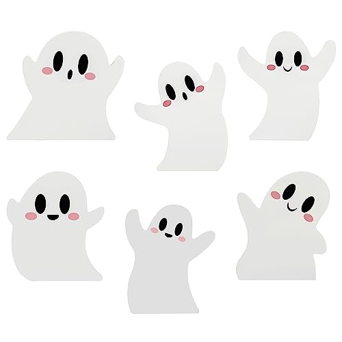 6 Pcs Halloween Decorations White Ghost Miniature Wooden Signs Cute Distressed Cutouts Whimsical Fall Table Centerpieces for Manterl Shelf Tiered Tray Home Kitchen Party Decor