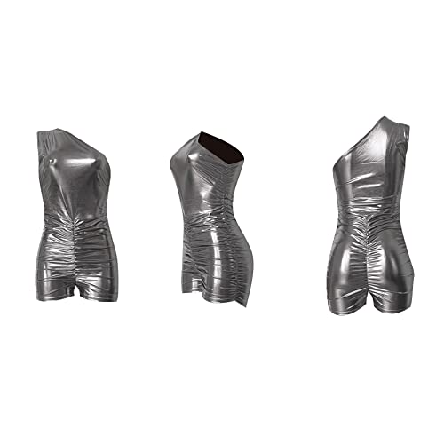 Rompers for Women Metallic Shiny Oblique Shoulder Sleeveless Tight Ruched Sexy Club Party Jumpsuits