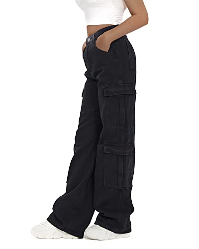 Women's High Waist Cargo Jeans Flap Pocket Baggy Cargo Pants Y2K Wide Leg Denim Jeans Straight Casual Loose Trousers Y2K Streetwear Pants-M Black.