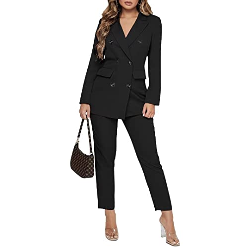 Women Double Breasted Blazer Set Formal 2 Piece Pants Outfits Long Sleeve Bussines Suit Set for Work Office Black XL