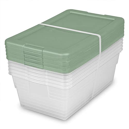 Sterilite Stackable 6 Quart Clear Home Storage Tote Box Container with Handles for Efficient Space Saving Household Organization, Crisp Green (5 Pack)