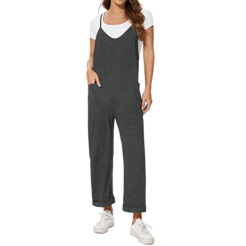 ZOOMOON Women's Loose Casual Sleeveless Adjustable Jumpsuits Stretchy Long Pants Wide Leg Rompers with Two Pockets-Gray XXL