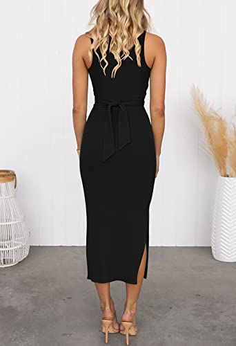 Cutout Twist Midi Dress Women Sleeveless Crisscross Ruched Tank Midi Bodycon Dresses with Slit Black L