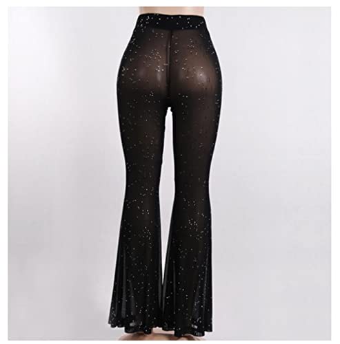 Women's Rave Sheer Mesh Sparkly Pants Bell Bottom Rave Outfit Clothes for Festival Dance Clubwear Black