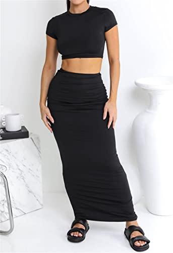 Two Piece Skirt Set for Women 2 PC Y2K Outfits Short Sleeve Crop Tops Bodycon High Waist Long Maxi Skirts Black S