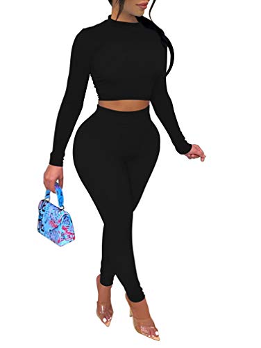 LAGSHIAN Women's Sexy 2 Piece Outfits Jumpsuit Set Long Sleeve Crop Top High Waist Pant Black