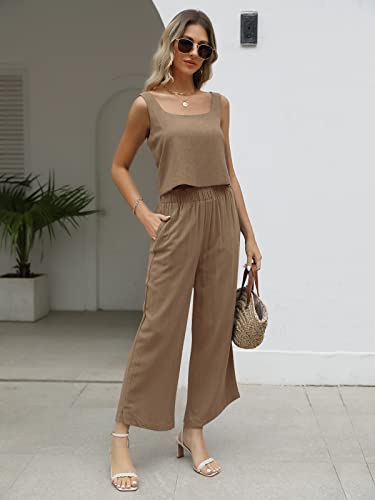 AUTOMET 2 Two Piece Summer Outfits Womens Matching Sets Casual Vacation Clothes Linen Long Pants with Pockets Jumpsuits 2023 Fashion