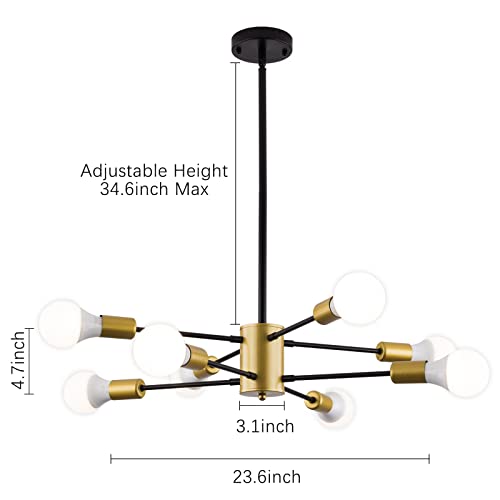 XUPUHOUSE Modern Sputnik Chandelier Fixtures,Farmhouse 8-Light Black and Gold Chandelier Over Table,Mid Century Height Adjustable Ceiling Lighting for Living Room, Kitchen, Bedroom, Dining Room