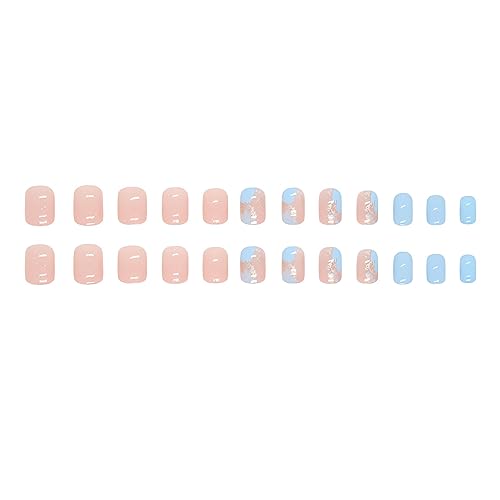 Short Square Press on Nails, Acrylic Fake Nails Pink Blue Gold Foil False Nails with Designs Artificial Full Cover Glue on Nails Short Stick on Nails for Women Glossy Nails 24Pcs