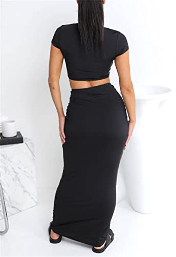 Two Piece Skirt Set for Women 2 PC Y2K Outfits Short Sleeve Crop Tops Bodycon High Waist Long Maxi Skirts Black S