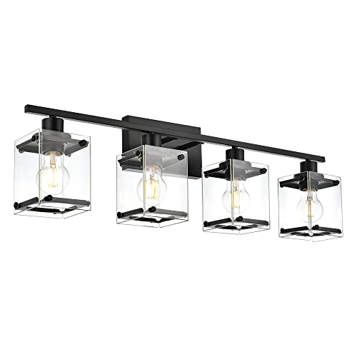 MELUCEE Bathroom Light Fixtures 4 Lights Matte Black Vanity Light with Rectangular Clear Glass Shade, Modern Metal Sconces Wall Lighting for Mirror Kitchen Bedroom Powder Room