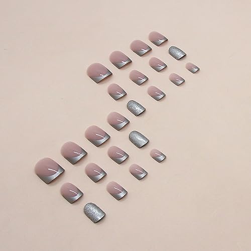 French Tip Press on Nails Short Square Fake Nails Glossy Metallic Silver Nail Tips False Nails with Sliver Glitters Designs Full Cover Nude Acrylic Nails Short Glue on Nails for Women Girls Manicure