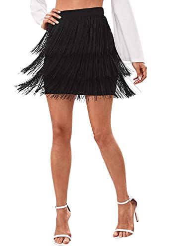 Verdusa Women's Fringe Trim High Waist Short Pencil Bodycon Skirt Black S