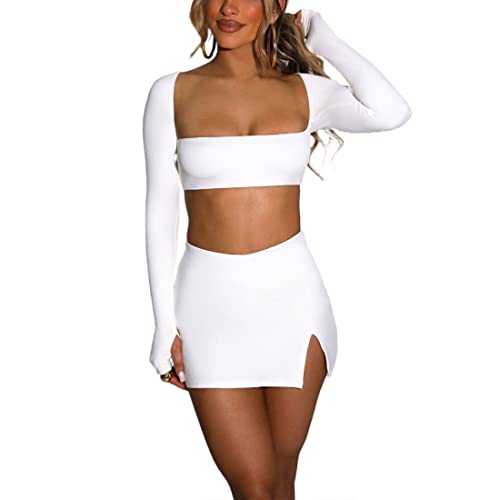 Azhong Women’s 2 Piece Set Long Sleeve Square Neck Crop Top Bodycon Mini Club Party Skirt Set