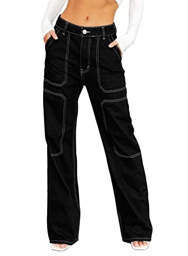 Sidefeel Women Casual Loose Mid Rise Cargo Jeans Wide Leg Denim Pants US10 Black