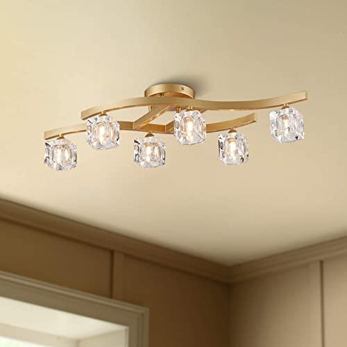 Bestier Modern Elegant Glass Crystal Ceiling Light Chandelier 6 Light Gold Flushmount Lighting Fixture L 30.5in W 10in H 7.5in