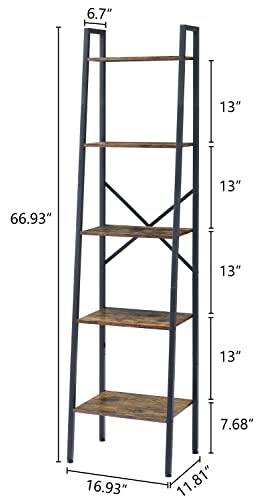 Hoctieon Industrial Ladder Bookshelf, Multifunctional Ladder Shelf, 5-Tier Tall Bookshelf, Open Ladder Shelf Bookcase, for Living Room, Home Office, Kitchen, Bedroom, Metal Frame, Rustic Brown