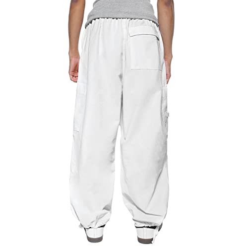 Men's Baggy Loose Cargo Pants Hip Hop Streetwear Drawstring Pockets Wide Leg Jogger Cargo Trousers for Men (White, M)