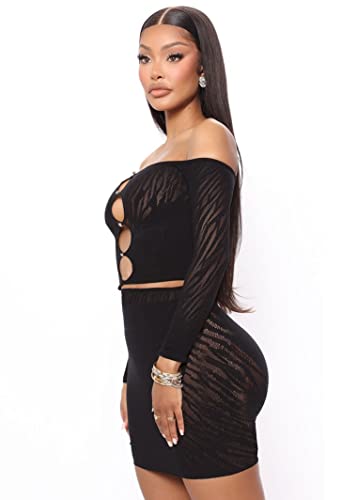 MOEENCN Sexy Two Piece Outfit Skirt Sets, Mesh Perspective Splice Hollow Out Off Shoulder Long Sleeve Dress Set for Party Club Night Black XL