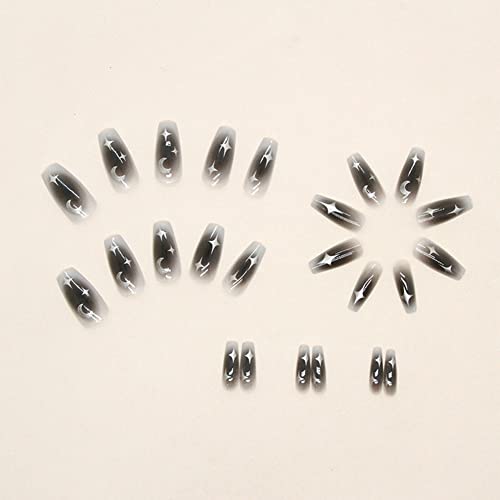 24Pieces Press on Nails Medium Length Coffin Fake Nails Grey Black False Nails with Moon Stars Design Stick on Nails Full Cover French Glossy Glue on Nails