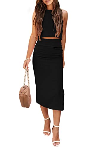 PRETTYGARDEN Women's 2 Piece Summer Outfits Crewneck Tank Tops Split Bodycon Midi Skirt Dress Set (Black,Medium)