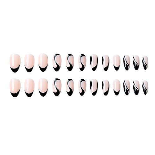 Press on Nails Medium Black French Tip Almond Fake Nails Full Cover False Nails with Black Swirl Designs Glossy Black Nail Tip Acrylic Nails Artificial Nails for Women Girls 24 Pcs