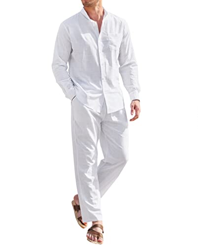 COOFANDY Men Linen Sets Outfits 2 Piece For Wedding Long Sleeve And Casual Elastic Waist Pants Summer Outfits (White M）