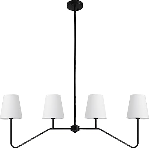 4-Light Linear Chandeliers for Dining Room, 43.3'' Black Kitchen Island Lighting, Modern Classic Pendant Lighting Fixture with White Linen Shades for Dining Room Living Room Kitchen Island (E12 Base)