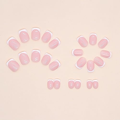 24Pcs Pink Press on Nails Short Fake Nails French Tip False Nails Glossy Artificial Acrylic Full Cover Glue on Nails Square Stick on Nails for Summer Women Girls Manicure Art（White）