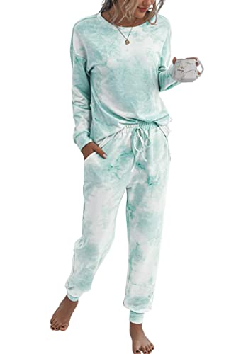 PRETTYGARDEN Women's Tie Dye Two Piece Tracksuit Set Long Sleeve Sweatshirt with Long Pants (Green,Large)