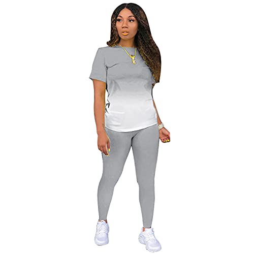 AOMONI Two Piece Outfits for Women Summer Bodycon Biker Pants Sets Casual Short Sleeve Top Tracksuit Plus Size Outfits Grey Medium