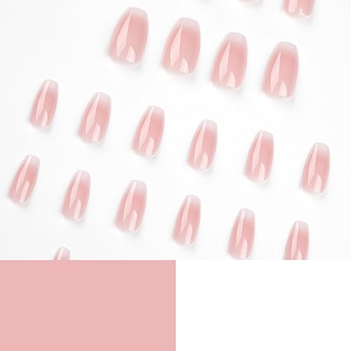 Medium Press on Nails Cute Coffin Fake Nails French Pink White Gradient Acrylic Nails Medium Length False Nails with Designs Glossy Stick on Nails for Women Girls DIY Manicure