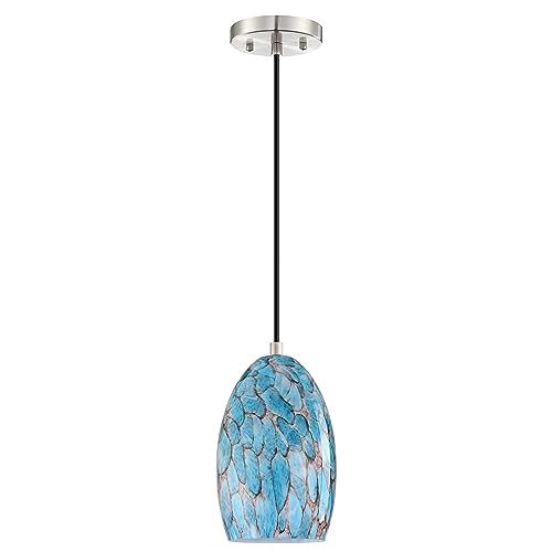 1 Light Hanging Indoor Kitchen Island Pendant Lights 5.3" Handmade Blue Speckled Glass Pendant Ceiling Light Fixtures Brushed Nickel Finish Modern Farmhouse Dinning Over Sink