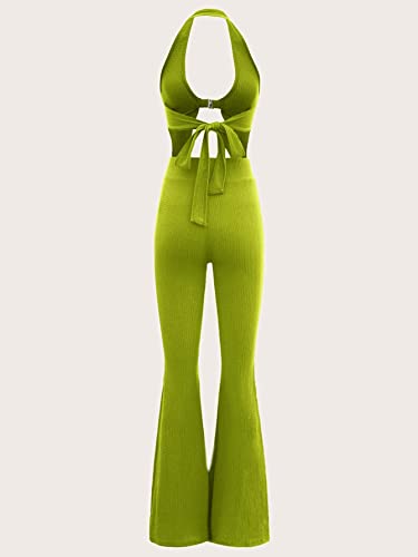 Verdusa Women's 2 Piece Outfits Tie Back Crop Halter Top and Wide Leg Pant Sets Lime Green S