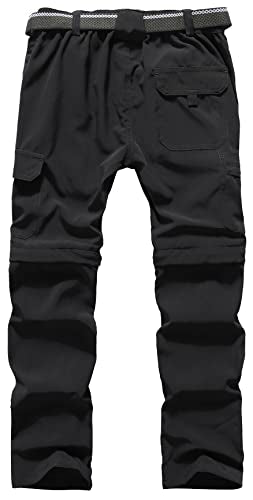 DAFENGEA Kids Hiking Cargo Pants Quick Dry Casual Outdoor Hiking Convertible Trousers, Black 12Y