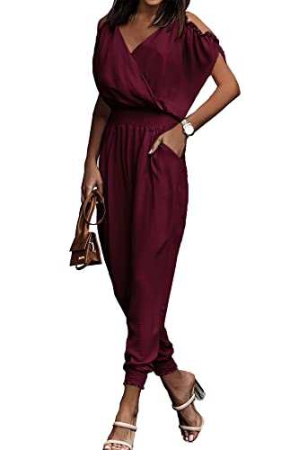 PRETTYGARDEN Jumpsuit for Women Casual Wrap V Neck Cold Shoulder One Piece Outfits Pants Romper (Wine Red,Large)