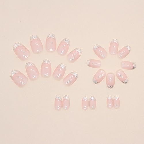 Silver French Tip Press on Nails Medium Length Oval Fake Nails Glossy Nude False Nails Reusable Artificial Nails Natural Glue on Nails for Women DIY Manicure Decoration Stick on Nails