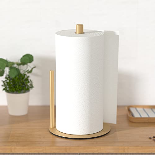 Paper Towel Holder Gold Premium Stainless Steel Paper Towel Holder for Kitchen Roll Organize, One-Handed Operation Countertop Roll Dispenser with Weighted Base