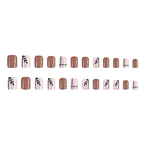 Fall Square Press on Nails Short French Fake Nails Leaf and Line Designs Acrylic Nails Full Cover Glue on Nails Brown Pink False Nails with Designs Glossy Acrylic Nails for Women