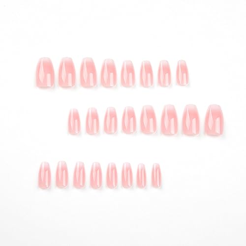 Medium Press on Nails Cute Coffin Fake Nails French Pink White Gradient Acrylic Nails Medium Length False Nails with Designs Glossy Stick on Nails for Women Girls DIY Manicure