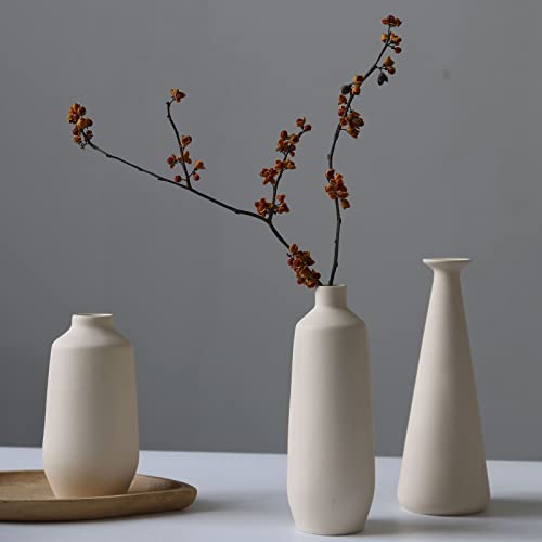 Abbittar Ceramic Vase Set of 3, Minimalistic Style Flower Vases for Rustic Home Decor, Modern Farmhouse Decor, Living Room Decor, Shelf Decor, Table Decor, Bookshelf, Mantel and Entryway Decor - Beige