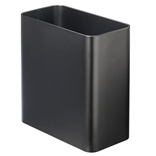 mDesign Stainless Steel Slim Rectangular Modern Metal 2.6 Gallon/10 Liter Trash Can Wastebasket, Garbage Container Bin for Bathroom, Bedroom, Kitchen, Home Office; Holds Waste, Recycling - Black