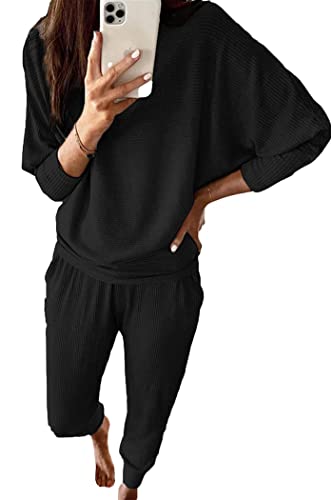 PRETTYGARDEN Women's 2023 Fall Fashion Outfits 2 Piece Sweatsuit Solid Color Long Sleeve Pullover Long Pants (Black,X-Large)