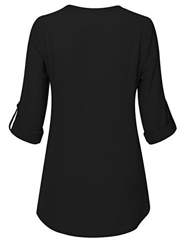 Timeson Black Blouses for Women,3/4 Sleeve Tunics Tops for Women Ladies Dressy Shirts V Neck Chiffon Blouse for Business Casual Fashion 2022 Office Work Blouse Career Formal Clothes Funeral