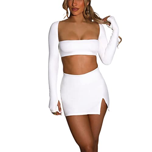 Azhong Women’s 2 Piece Set Long Sleeve Square Neck Crop Top Bodycon Mini Club Party Skirt Set