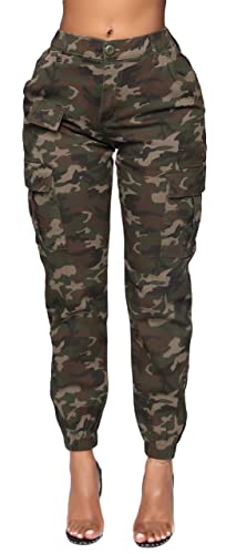 Double Denim January 5th Women's High Waist Cargo Jogger Pants Casual Elastic Waistband Tapered Sweatpants with 6 Pockets SCP-2049 Camo XS